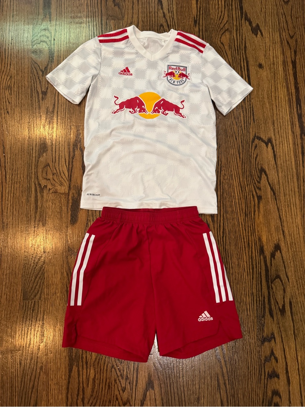 adidas Red Bulls White and Red Kids Soccer Jersey with Red Shorts